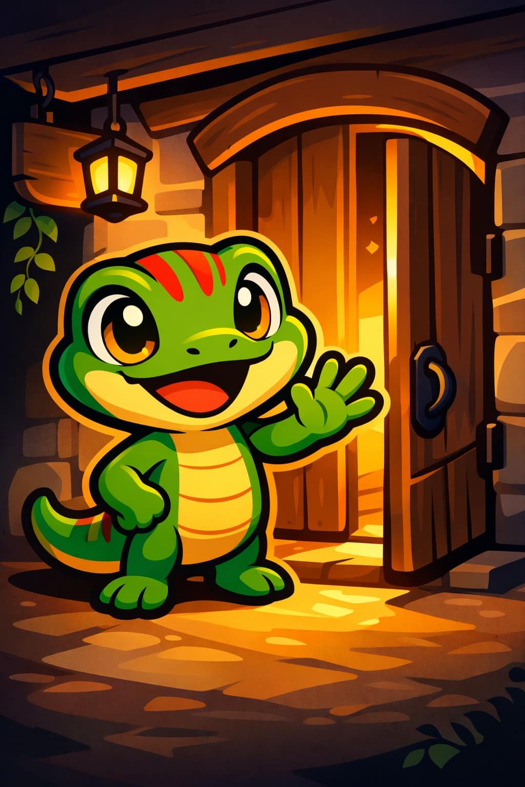 Gecko greeting at a tavern door—join the guild.