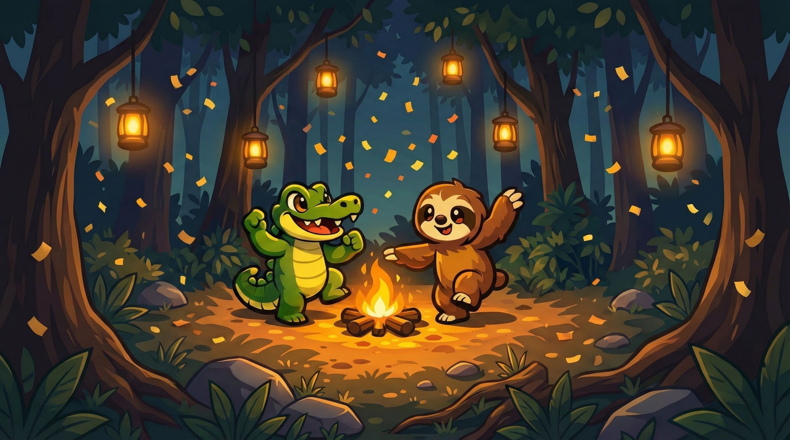 Festival night with Caiman and Sloth celebrating.